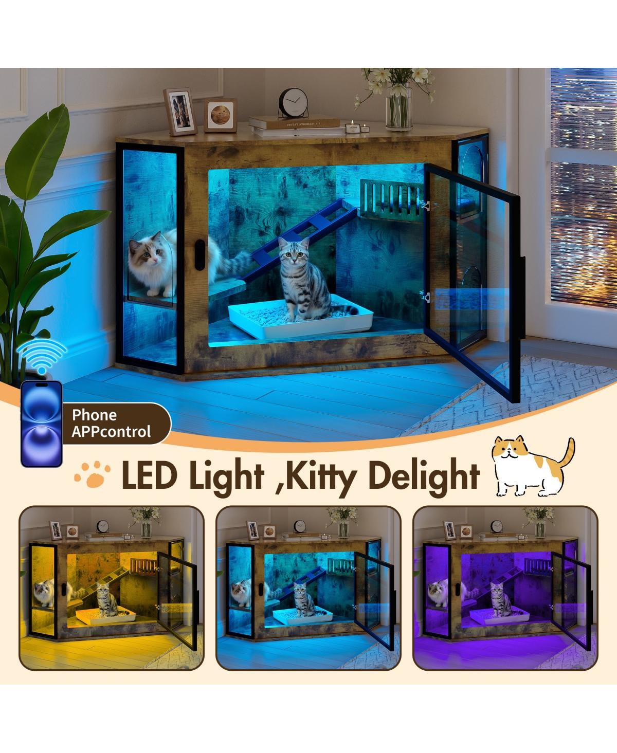 6thdruple 48"Corner Cat Litter Box Enclosure, Modern Cabinet with Led, Acrylic Door, Play Area