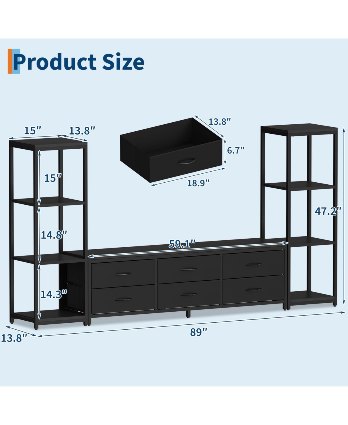 gaomon Tv Stand with 6 Fabric Drawers and 4-Tier Shelves, Modern Entertainment Center for TVs up to 75