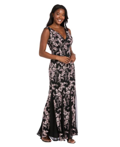 Женские платья R & M Richards Two-Tone Lace and Sequin V-Neck Gown, цвет: Чёрный / Розовый