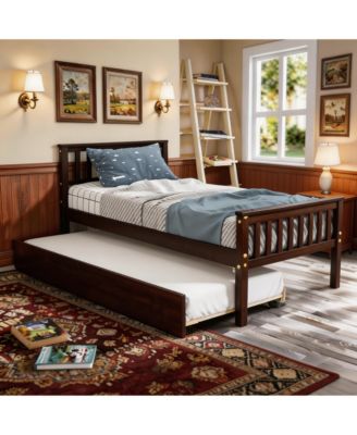 Twin Bed with Trundle, Solid Wood Platform Bed Frame with Headboard, No Box Spring Needed
