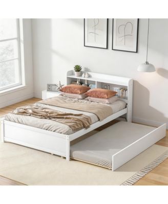 Full Size Platform Bed with Trundle and Storage Bookcase Headboard, Solid Pine Wood