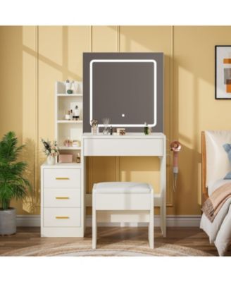 Vanity Set with Sliding Mirror,3-Level Dimmable Lighting, Stool,Power Outlet,HairdryerHolder,Storage Cabinet with Open Shelves & 4 Drawers