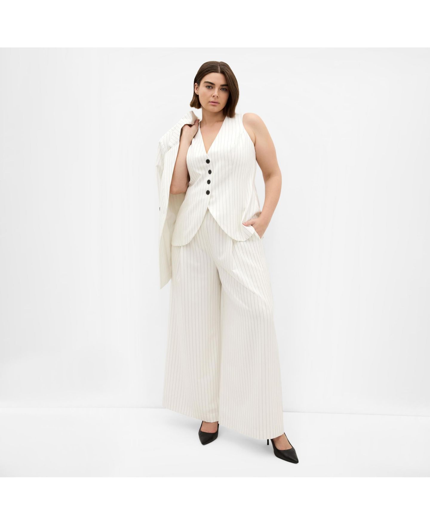 Женские брюки CITY CHIC Pinstripe Wide Leg, цвет: Слоновая кость — фото 3