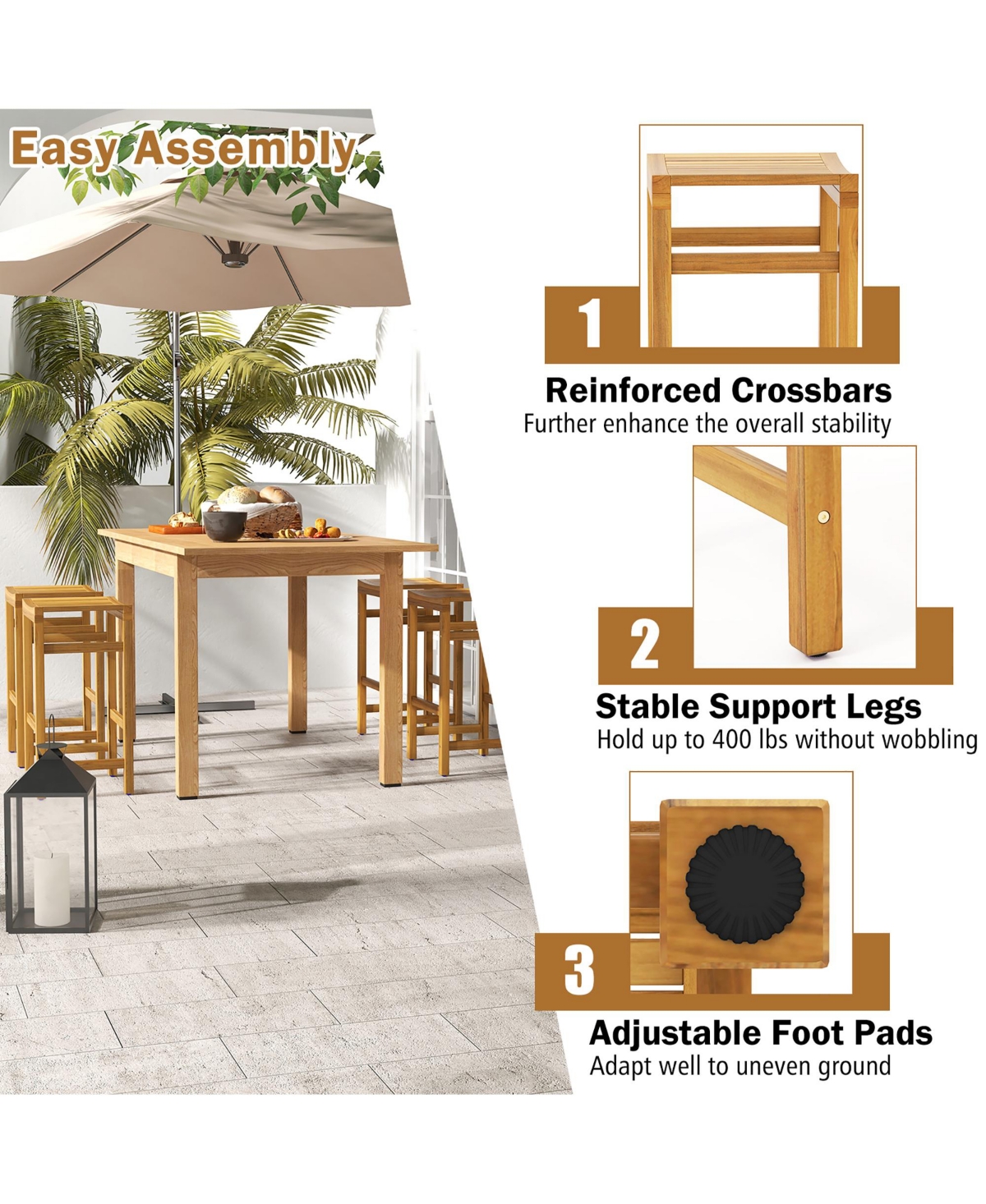 Gymax 7piece Acacia Wood Bar Table Set 45'' Rectangular Dining Table and 6 Stools