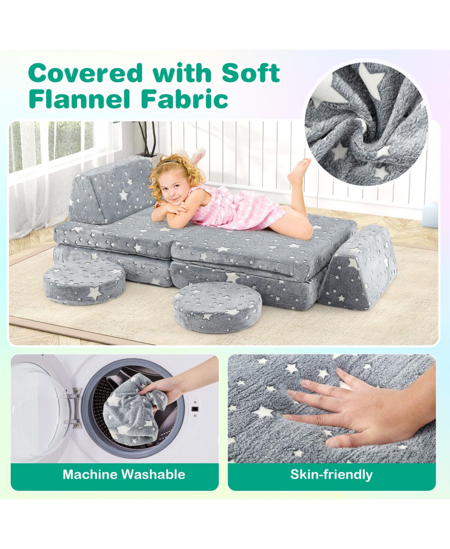 Modular Kids Play Couch Set with Glow-in-the-Dark Pattern and Handles