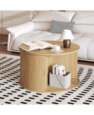 28" Round Coffee Table with Storage, Mid Century Modern Fluted Accent Table with Sliding Tambour Door for Living Room