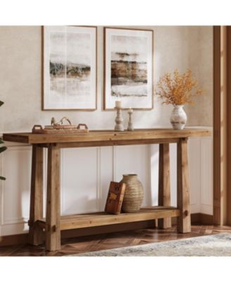63" Solid Console Table, Farmhouse 2-Tier Wood Entryway Sofa Table for Living Room, Hallway, Easy Assembly, Natural Rustic Brown