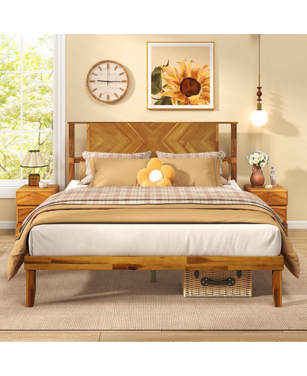Slickblue Acacia Wood Platform Bed Frame with Headboard Mid Century Style