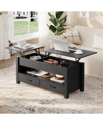 Lift Top Coffee Table with Hidden Storage, 47" Farmhouse Center Table with Two Drawers and Adjustable Wooden Tabletop for Living Room