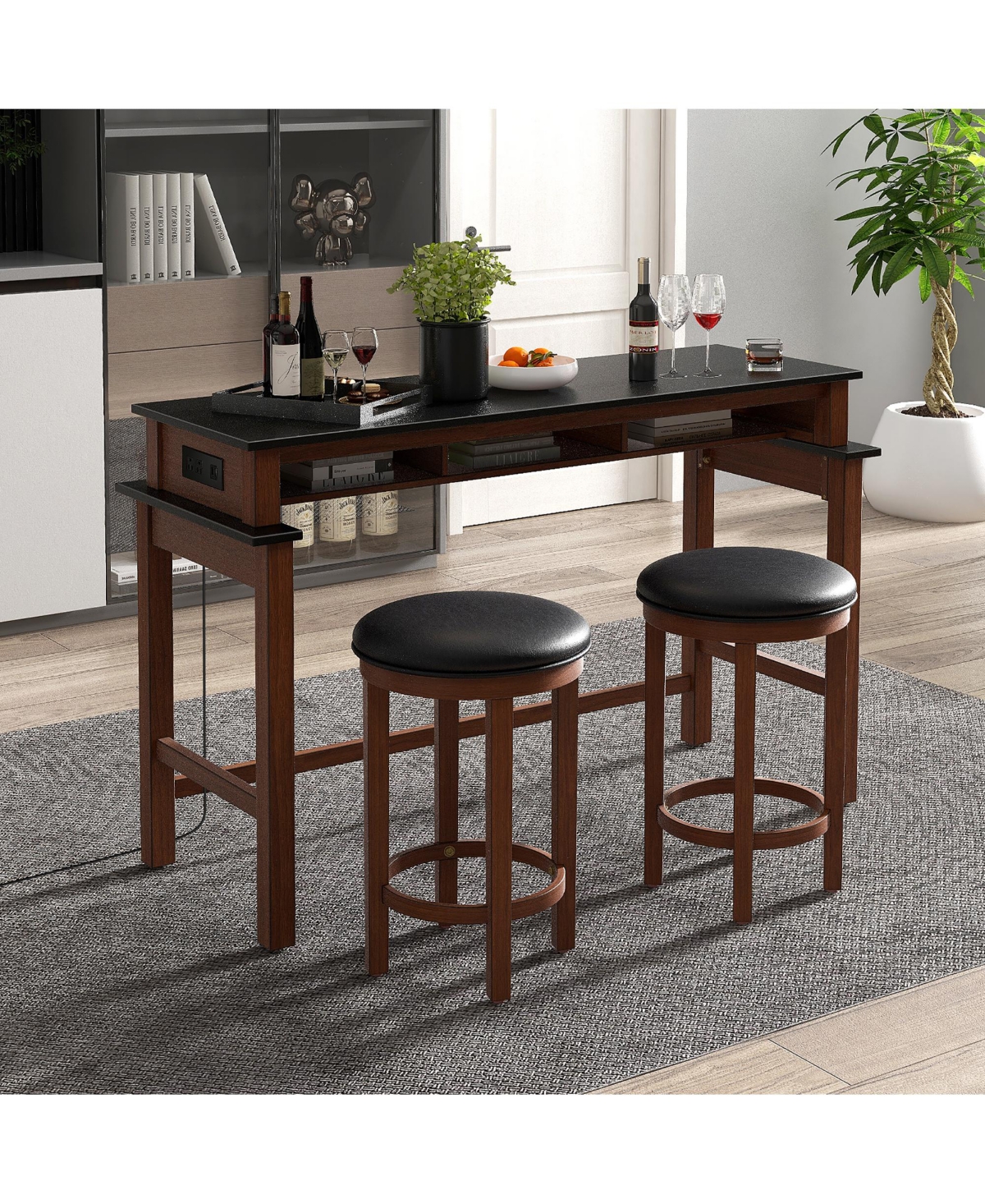 Gymax 3-Piece Home Bar Set Counter Height Bar Table with 2 Upholstered Bar Stools