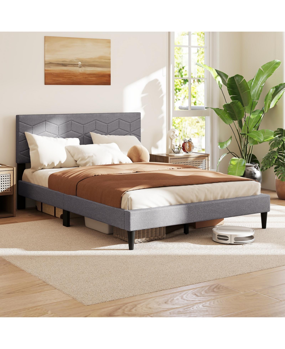 Slickblue Linen Fabric Upholstered Platform Bed Frame
