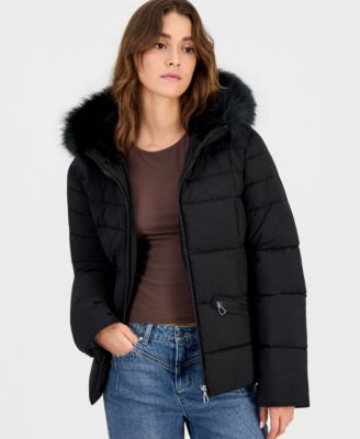 Juniors' Faux-Fur-Trim Hooded Puffer Coat
