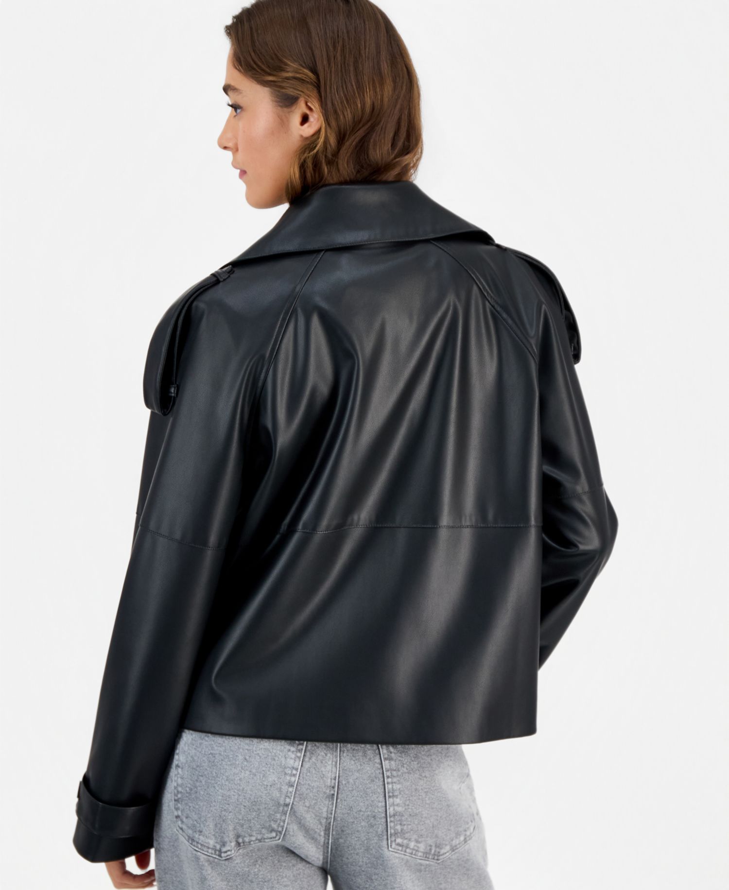 Juniors' Cropped Double-Breasted Faux-Leather Trench Coat