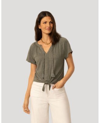 Women's Embroidered Split Neck Tie Top