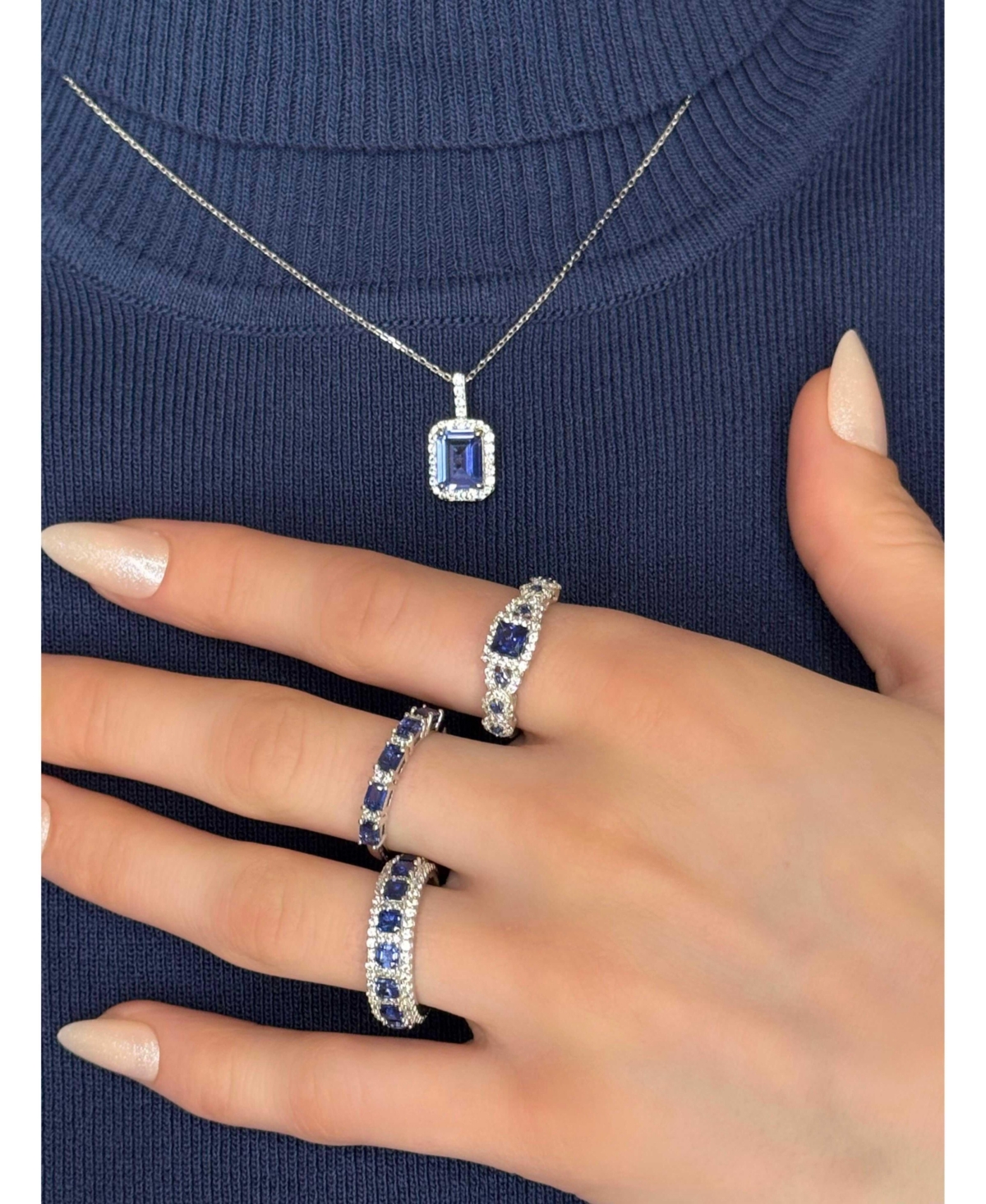 Suzy Levian Sterling Silver Emerald Cut Sapphire Halo Pendant