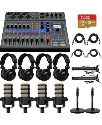 LiveTrak L-8 Mixer and Recorder Bundle with 4x PodMic Dynamic Podcasting Microphone, 4x TAPH300 Semi-Open Back Headphones, 2x Broadcast Arm