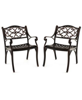 Set of 2 Cast Aluminum Patio Dining Chairs with Flower Pattern Back