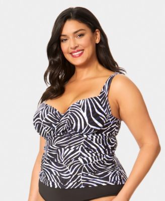 Plus Size V-Neck Underwire Printed Drape Front Tankini Top