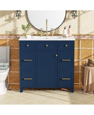36 Inch Bathroom Vanity with Ceramic Sink, Solid Wood Frame, Ample Storage Drawers and Soft Close Door for Small Spaces