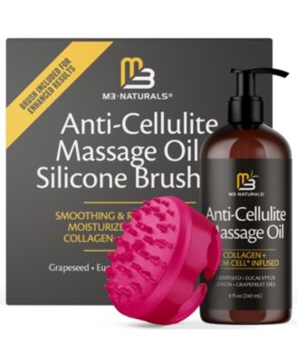 Anti Cellulite Massage Oil & Silicone Body Brush | Collagen & Stem Cell Skin Firming Formula for Smoother-Looking Skin | 8 fl oz | M3 Naturals