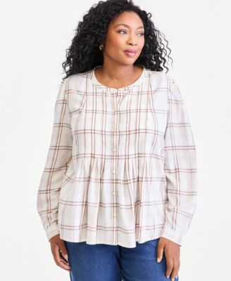 Plus Size Plaid Long-Sleeve Pleat Front Top
