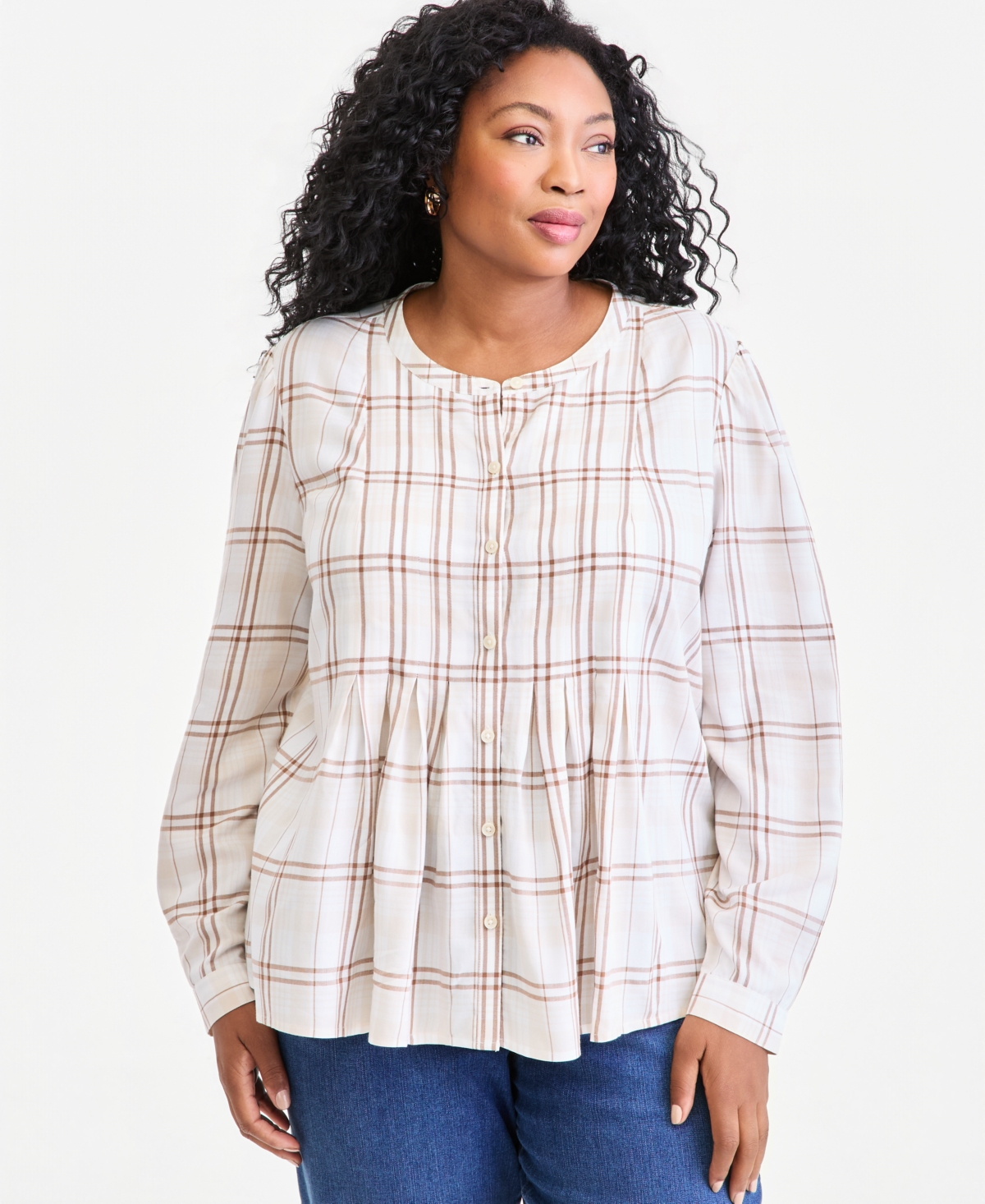 Style & Co Plus Plaid Long-Sleeve Pleat Front Top, Macy's Exclusive