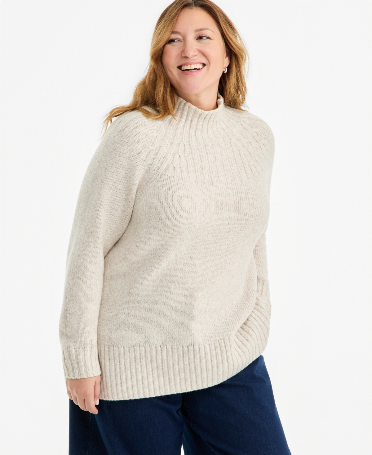 Style & Co Plus Size Funnel Mockneck Long-Sleeve Sweater, Macy's Exclusive - Light Oatmeal