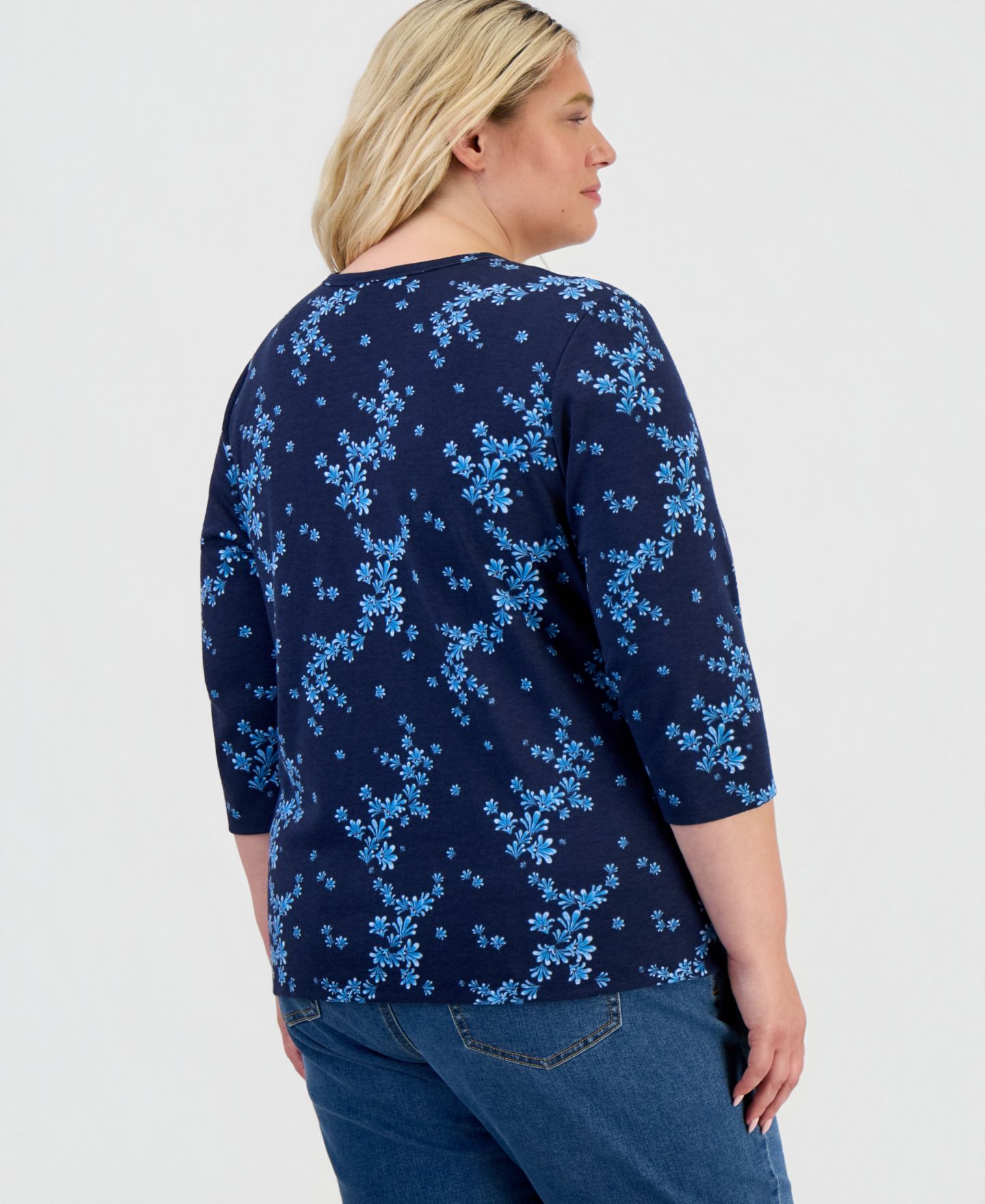 Женский топ Style & Co Plus Size Printed 3/4-Sleeve V-Neck Top, цвет: Синий — фото 2