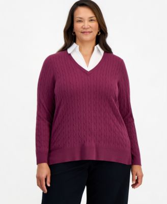 Plus Size Layered Cable-Knit V-Neck Sweater, Macy's Exclusive 