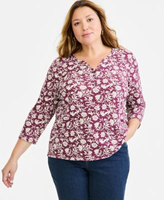 Plus Size Glistening Floral Henley 3/4-Sleeve Cotton-Blend Top