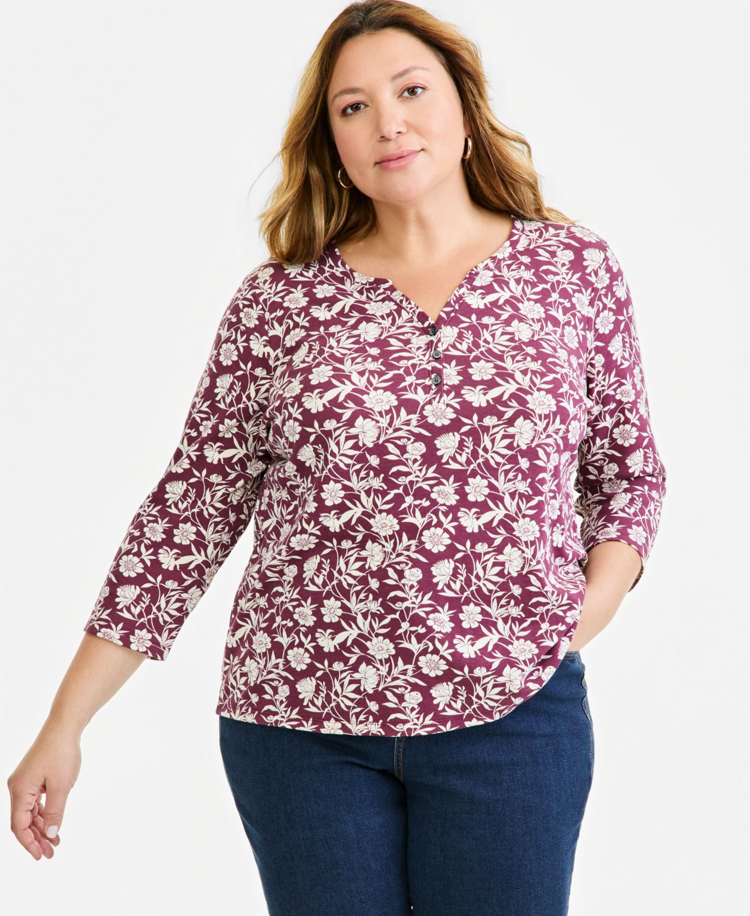 Plus Printed 3/4 Sleeve Henley Top