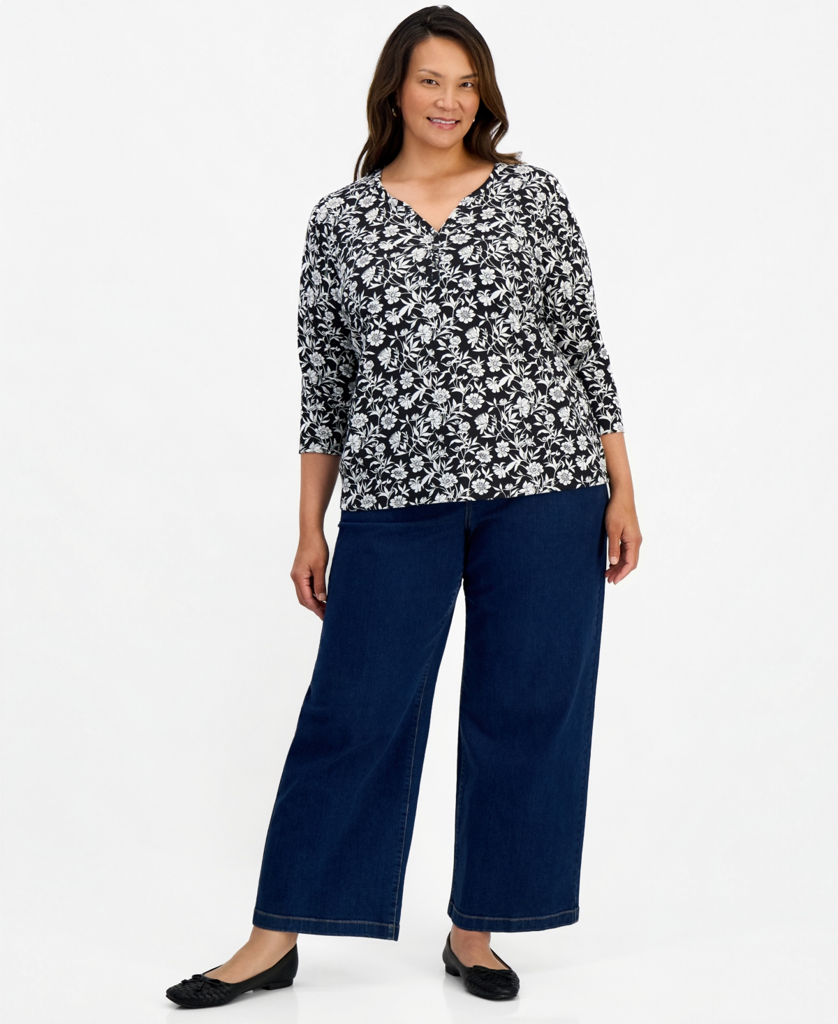 Style & Co Plus Printed 3/4-Sleeve Henley Top, Macy's Exclusive