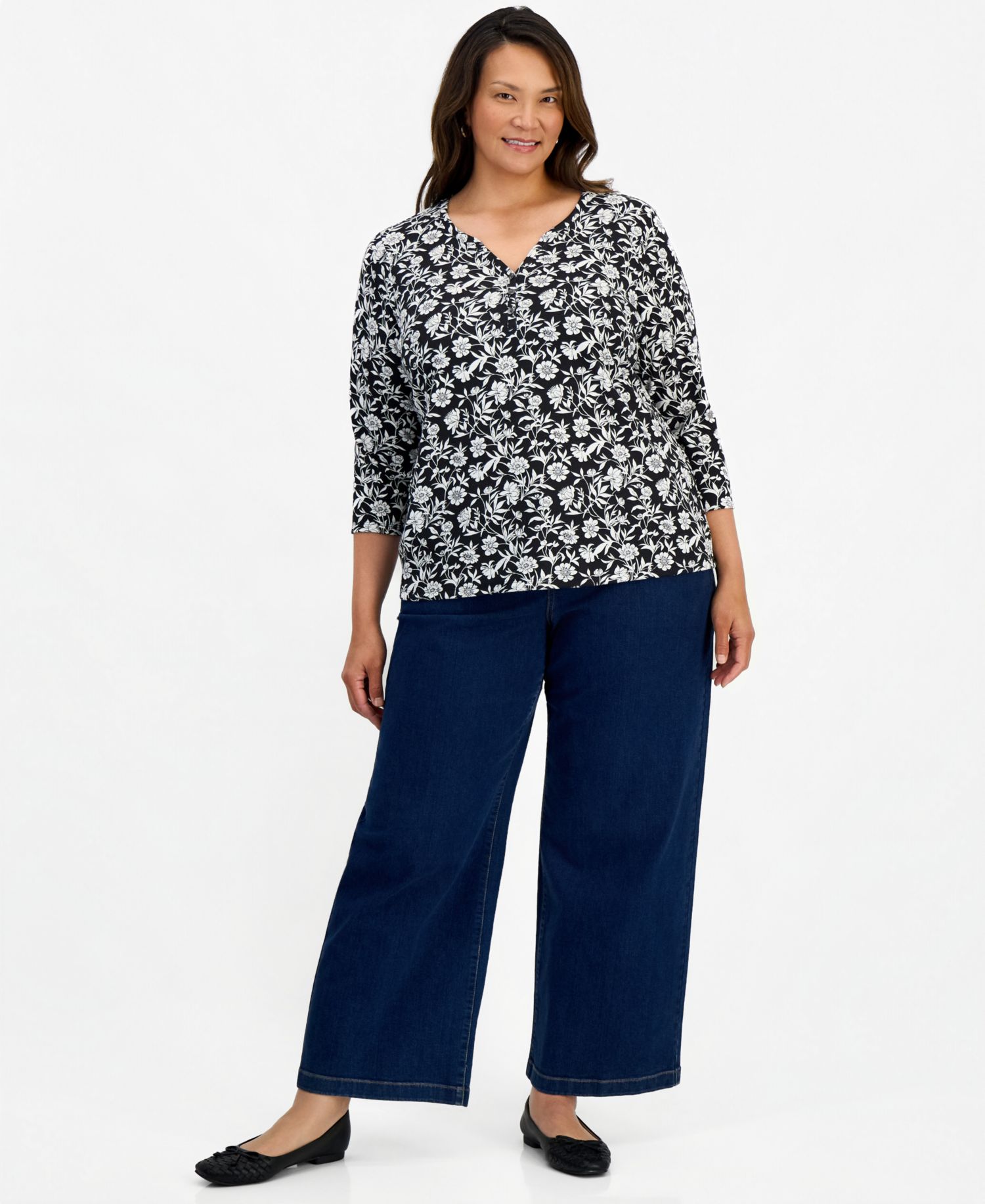 Plus Printed 3/4 Sleeve Henley Top
