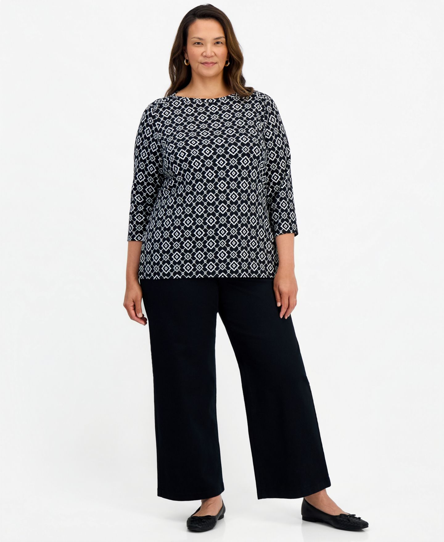 Женский топ Style & Co Plus Printed Pima Cotton 3/4-Sleeve Boat Neck, цвет: Глубокий чёрный — фото 3