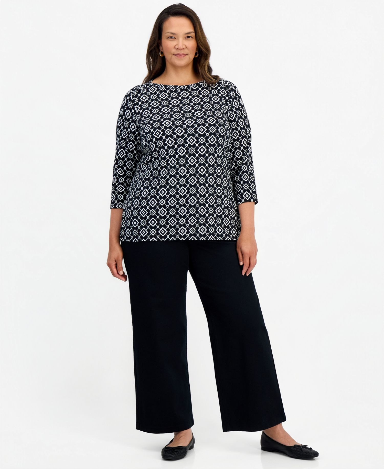 Petite Printed Pima Cotton 3/4-Sleeve Boat Neck Top