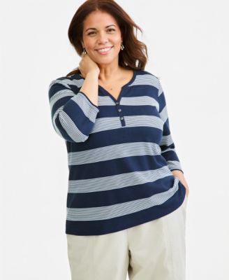 Plus Size Striped 3/4-Sleeve Henley Top