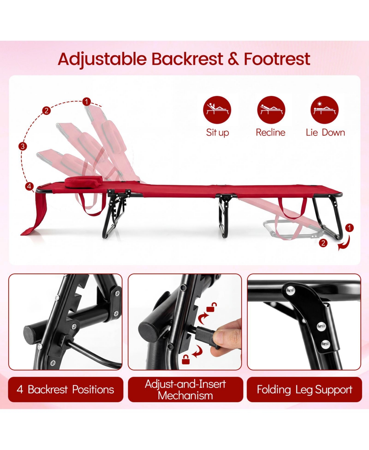 Gymax 2PCS Folding Beach Sun Lounger w/Face Hole and Removable Pillow 4Position Backrest