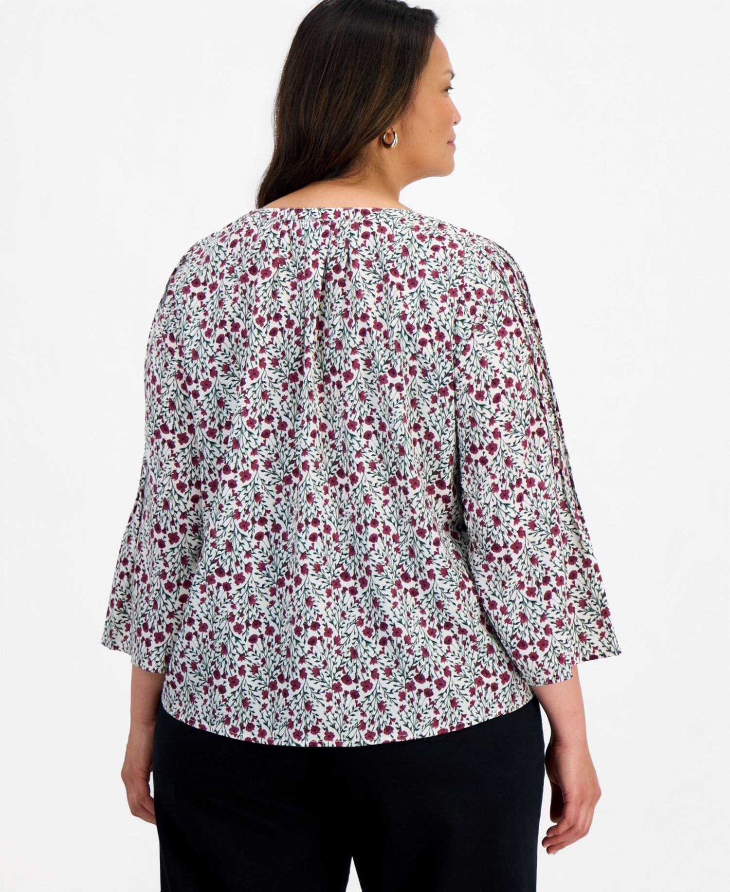 Plus Printed Bell-Sleeve Pintuck Blouse