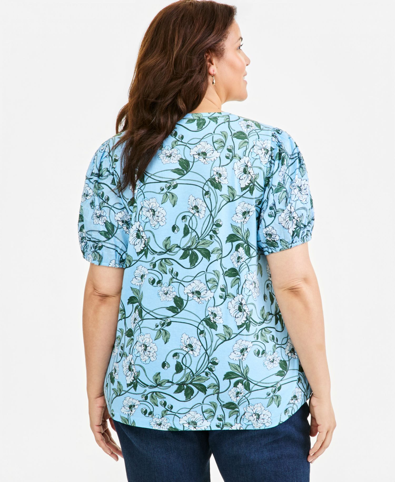 Plus Printed Mix Media Puff-Sleeve Top