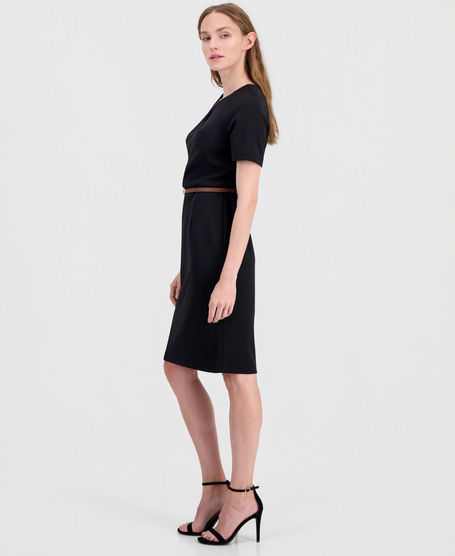 Women's Belted Scuba Crepe Sheath Dress