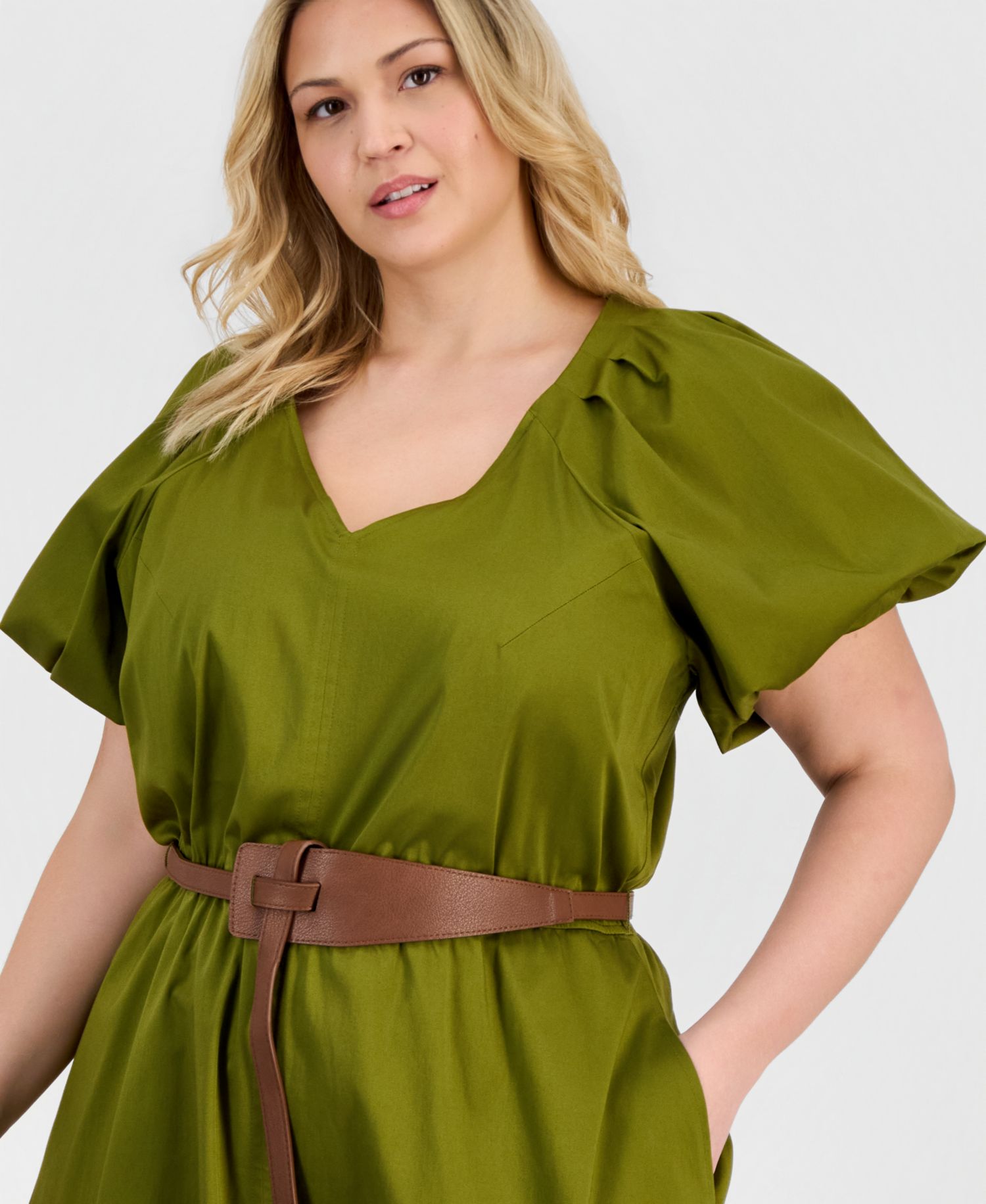 Plus-Size Sateen V-Neck Midi Dress
