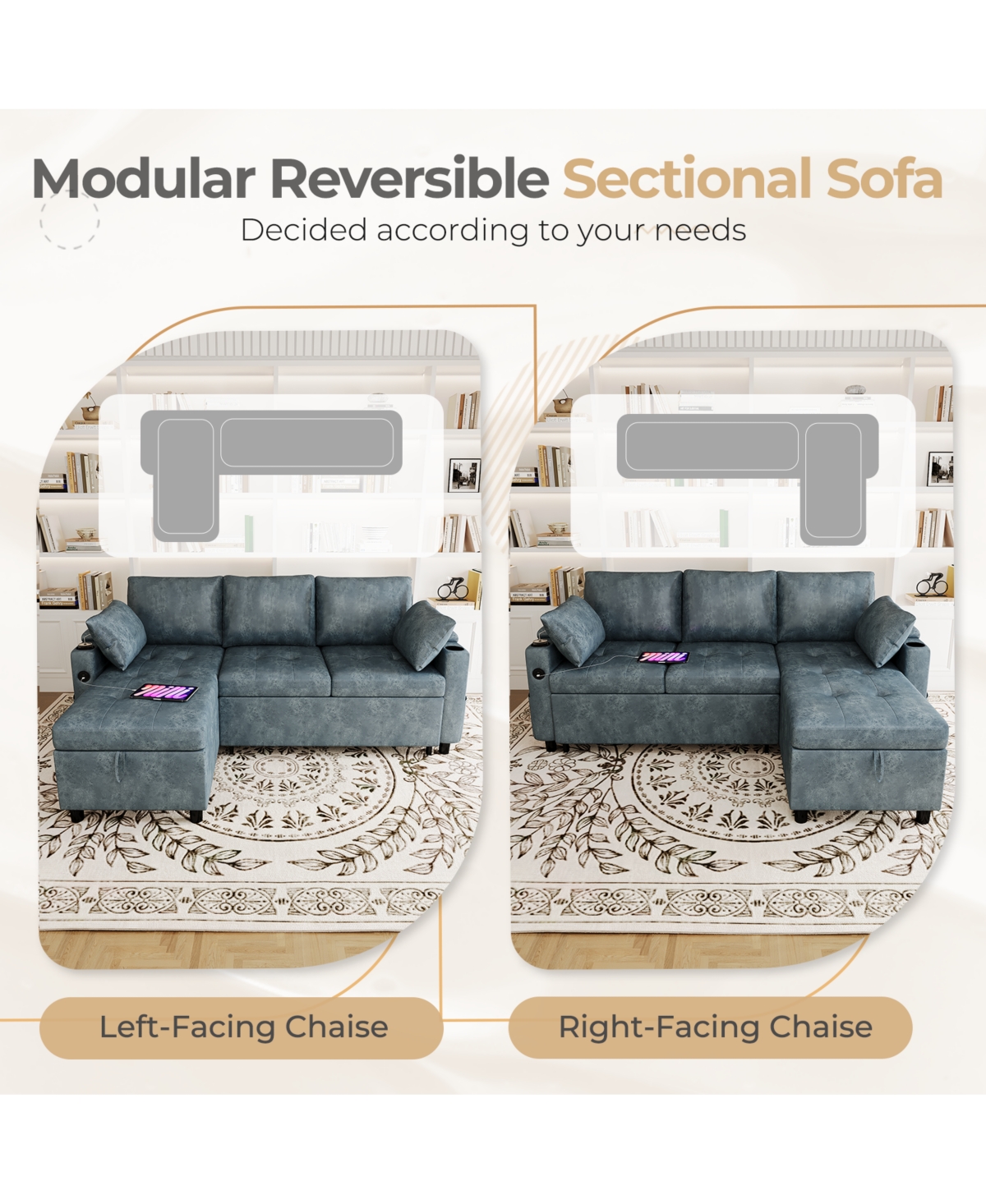 Aecojoy Sleeper Sofa Bed, 3-in-1 Pull Out Couch with Reversible Chaise, Leather
