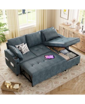 Sleeper Sofa Bed, 3-in-1 Pull Out Couch with Reversible Chaise, Leather Sleeper Sofa
