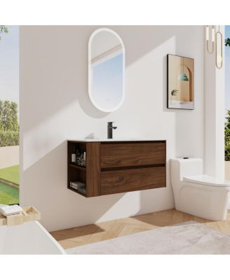 Wall Mounted Bathroom Vanity with Ceramic Sink, 2 Soft Close Drawers, Adjustable Shelf for Modern Small Bathroom