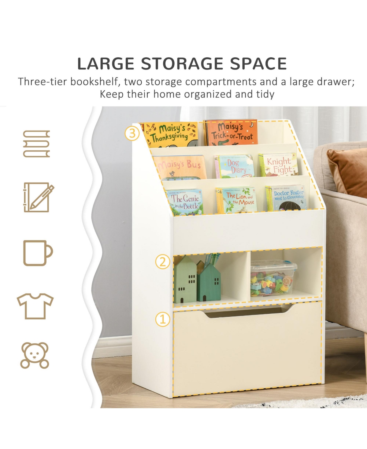 Homcom Kids Storage Bookcase Stand with Drawer for Toys & Books, White