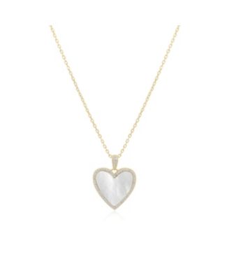 Large Mother of Pearl CZ Halo Heart Necklace 14K Gold-Plated Sterling Silver
