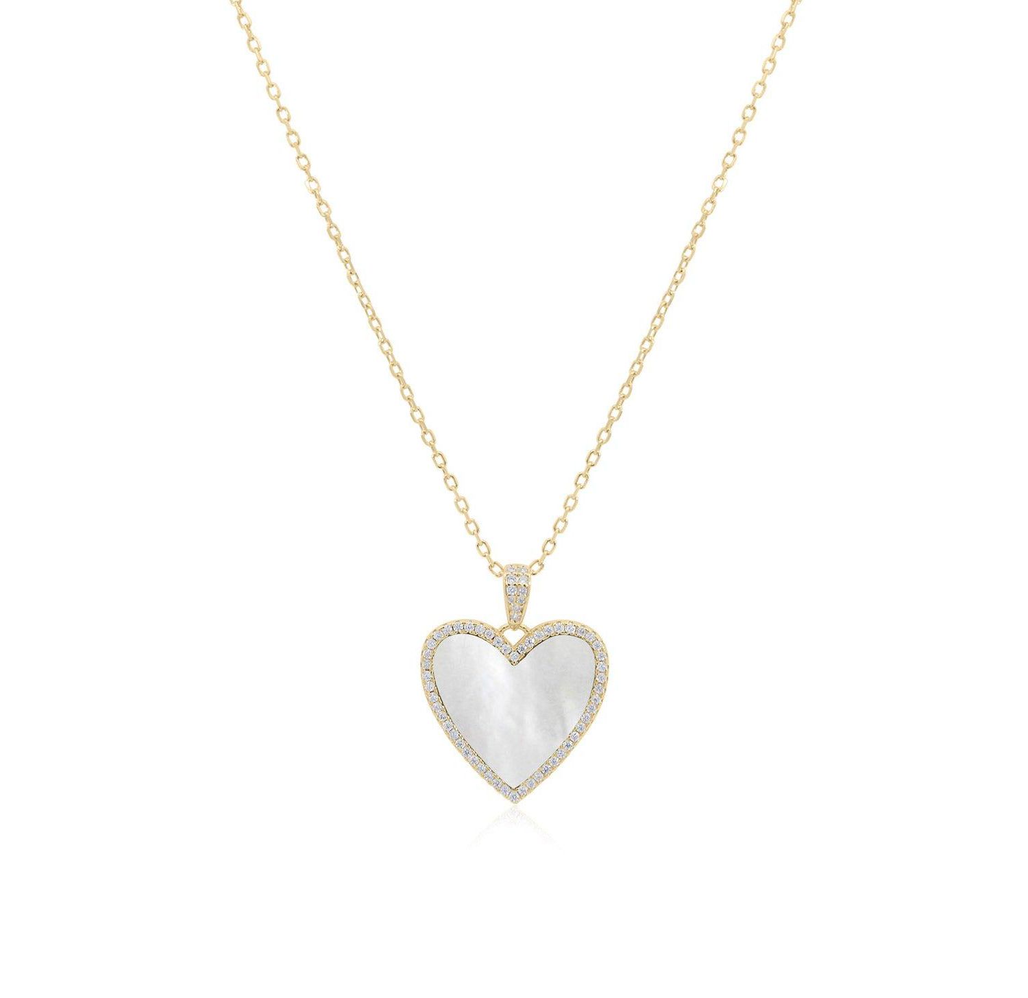 Large Mother of Pearl CZ Halo Heart Necklace 14K Gold-Plated Sterling Silver