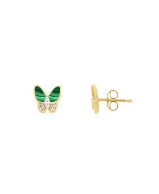 Malachite CZ Butterfly Stud Earrings 14K Gold-Plated Sterling Silver