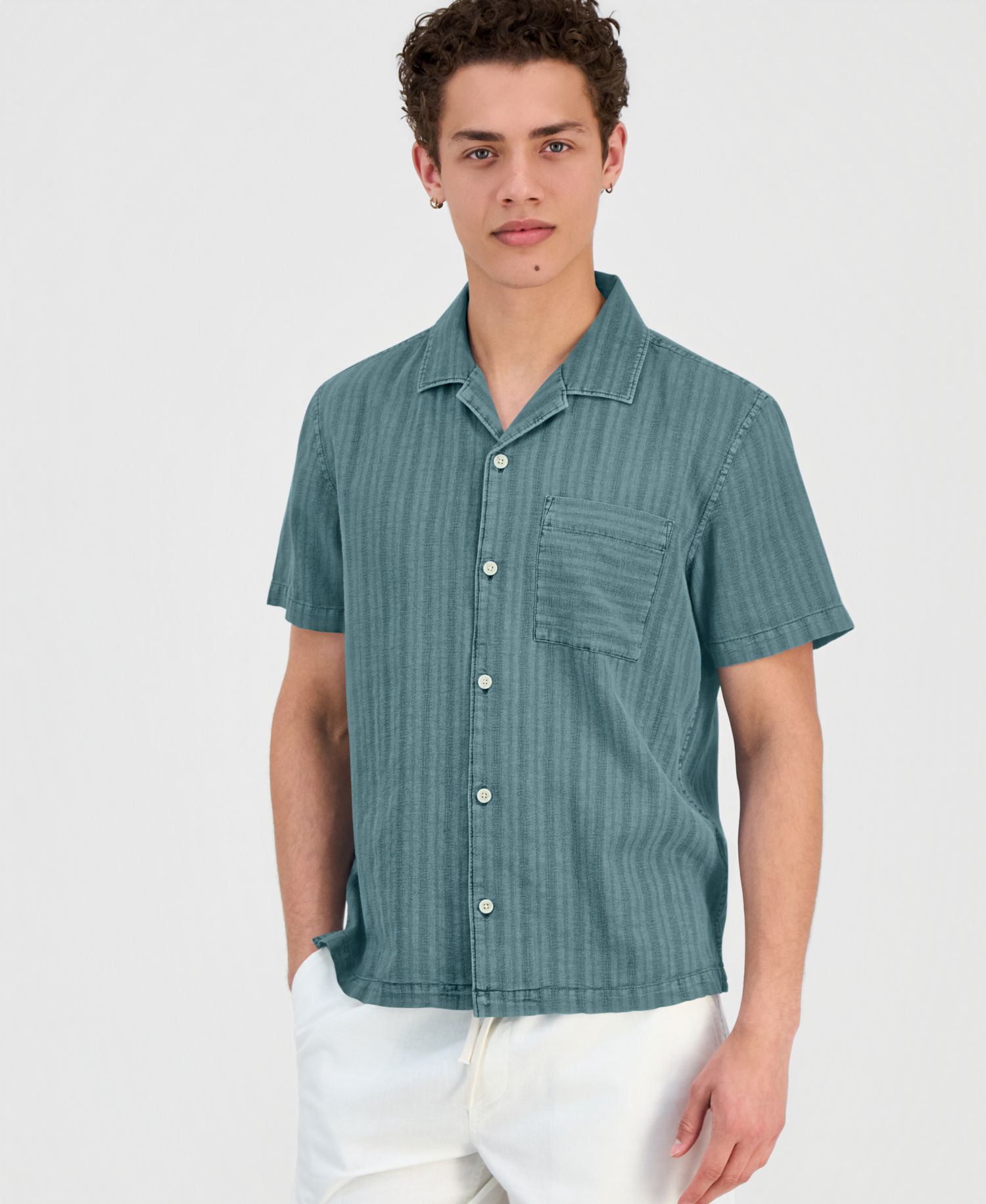 Men's Linen Blend Tonal-Stripe Camp Shirt