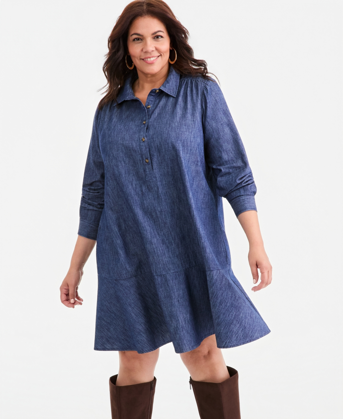 Style & Co Plus Denim Long-Sleeve Peplum Shirt Dress, Macy's Exclusive
